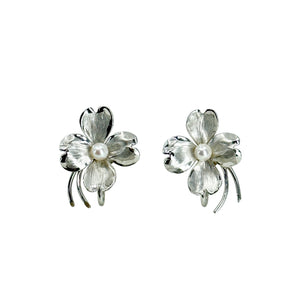 Vintage Dogwood Harry S. Bick Akoya Saltwater Cultured Pearl Screwback Earrings- Sterling Silver