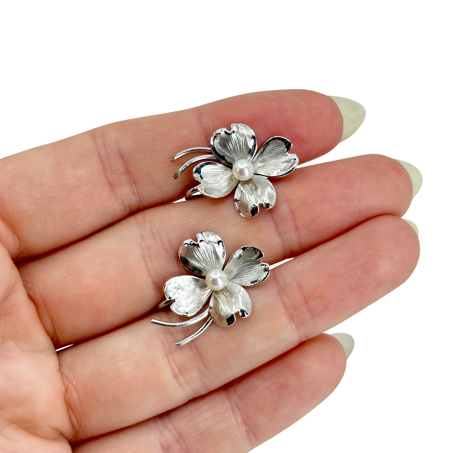 Vintage Dogwood Harry S. Bick Akoya Saltwater Cultured Pearl Screwback Earrings- Sterling Silver