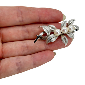 Textured Vintage Leaf Japanese Saltwater Akoya Cultured Pearl Brooch- Sterling Silver