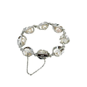 Mid Century Engraved Japanese Saltwater Akoya Cultured Pearl Milgrain Link Bracelet- Sterling Silver