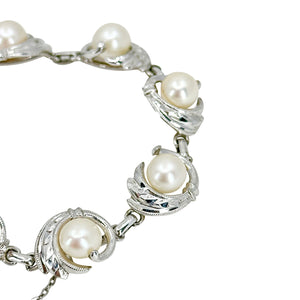 Mid Century Engraved Japanese Saltwater Akoya Cultured Pearl Milgrain Link Bracelet- Sterling Silver