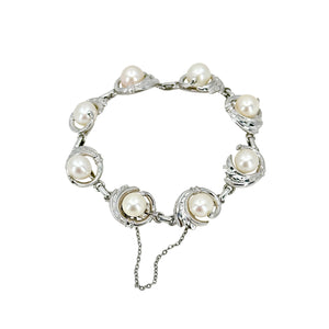 Mid Century Engraved Japanese Saltwater Akoya Cultured Pearl Milgrain Link Bracelet- Sterling Silver