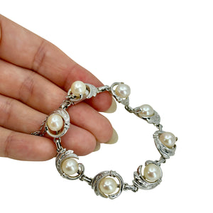 Mid Century Engraved Japanese Saltwater Akoya Cultured Pearl Milgrain Link Bracelet- Sterling Silver