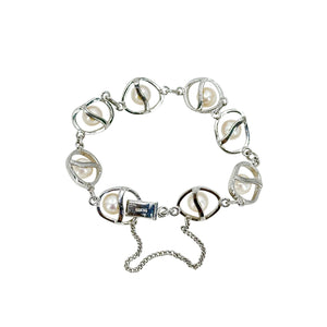 Modernist Abstract Japanese Saltwater Akoya Cultured Pearl Link Bracelet- Sterling Silver