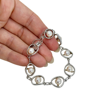 Modernist Abstract Japanese Saltwater Akoya Cultured Pearl Link Bracelet- Sterling Silver