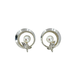 Mikimoto Mid Century Circle Akoya Saltwater Cultured Pearl Vintage Screwback Earrings- Sterling Silver