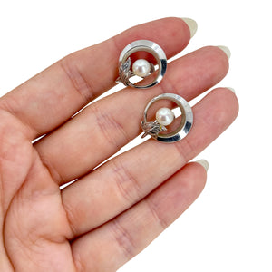 Mikimoto Mid Century Circle Akoya Saltwater Cultured Pearl Vintage Screwback Earrings- Sterling Silver