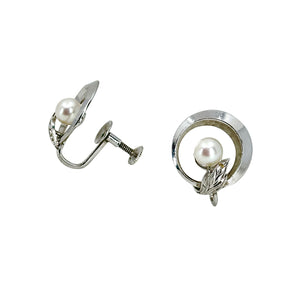 Mikimoto Mid Century Circle Akoya Saltwater Cultured Pearl Vintage Screwback Earrings- Sterling Silver