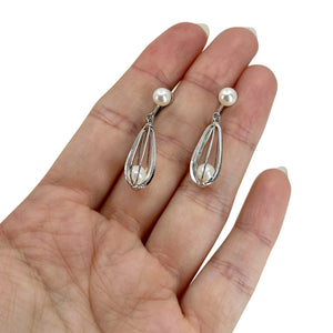 Cadge Dangle Japan Akoya Saltwater Cultured Pearl Screwback Drop Earrings- Sterling Silver