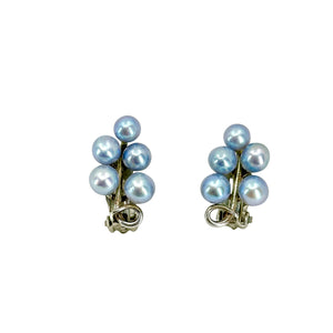 Bright Blue Japanese Akoya Saltwater Cultured Pearl Cluster Vintage Clip Earrings- Sterling Silver