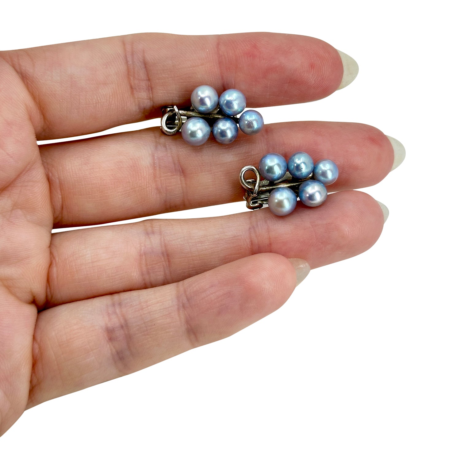 Bright Blue Japanese Akoya Saltwater Cultured Pearl Cluster Vintage Clip Earrings- Sterling Silver