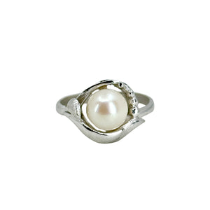 Modernist Beaded Solitaire Japanese Saltwater Akoya Cultured Pearl Ring- Sterling Silver Sz 7