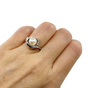 Modernist Beaded Solitaire Japanese Saltwater Akoya Cultured Pearl Ring- Sterling Silver Sz 7