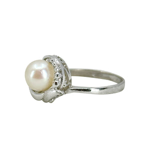 Modernist Beaded Solitaire Japanese Saltwater Akoya Cultured Pearl Ring- Sterling Silver Sz 7