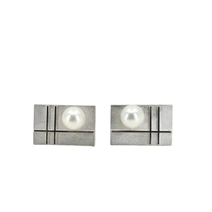Brushed Retro Striped Mid Century Modern Japanese Akoya Pearl Mens Cufflinks- Sterling Silver