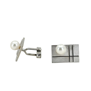 Brushed Retro Striped Mid Century Modern Japanese Akoya Pearl Mens Cufflinks- Sterling Silver