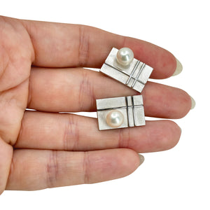 Brushed Retro Striped Mid Century Modern Japanese Akoya Pearl Mens Cufflinks- Sterling Silver