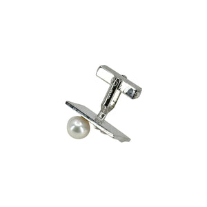 Brushed Retro Striped Mid Century Modern Japanese Akoya Pearl Mens Cufflinks- Sterling Silver