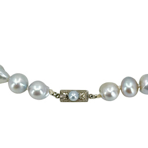 Old Baroque Silver Blue Mid Century Japanese Saltwater Cultured Akoya Pearl Vintage Necklace - Sterling Silver 17 Inch