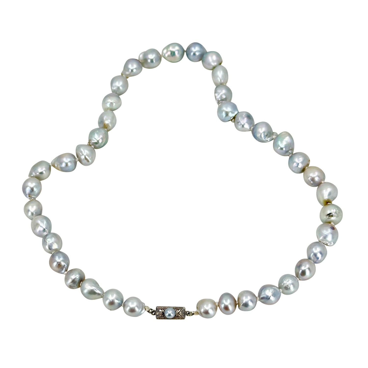 Old Baroque Silver Blue Mid Century Japanese Saltwater Cultured Akoya Pearl Vintage Necklace - Sterling Silver 17 Inch