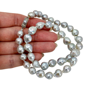 Old Baroque Silver Blue Mid Century Japanese Saltwater Cultured Akoya Pearl Vintage Necklace - Sterling Silver 17 Inch
