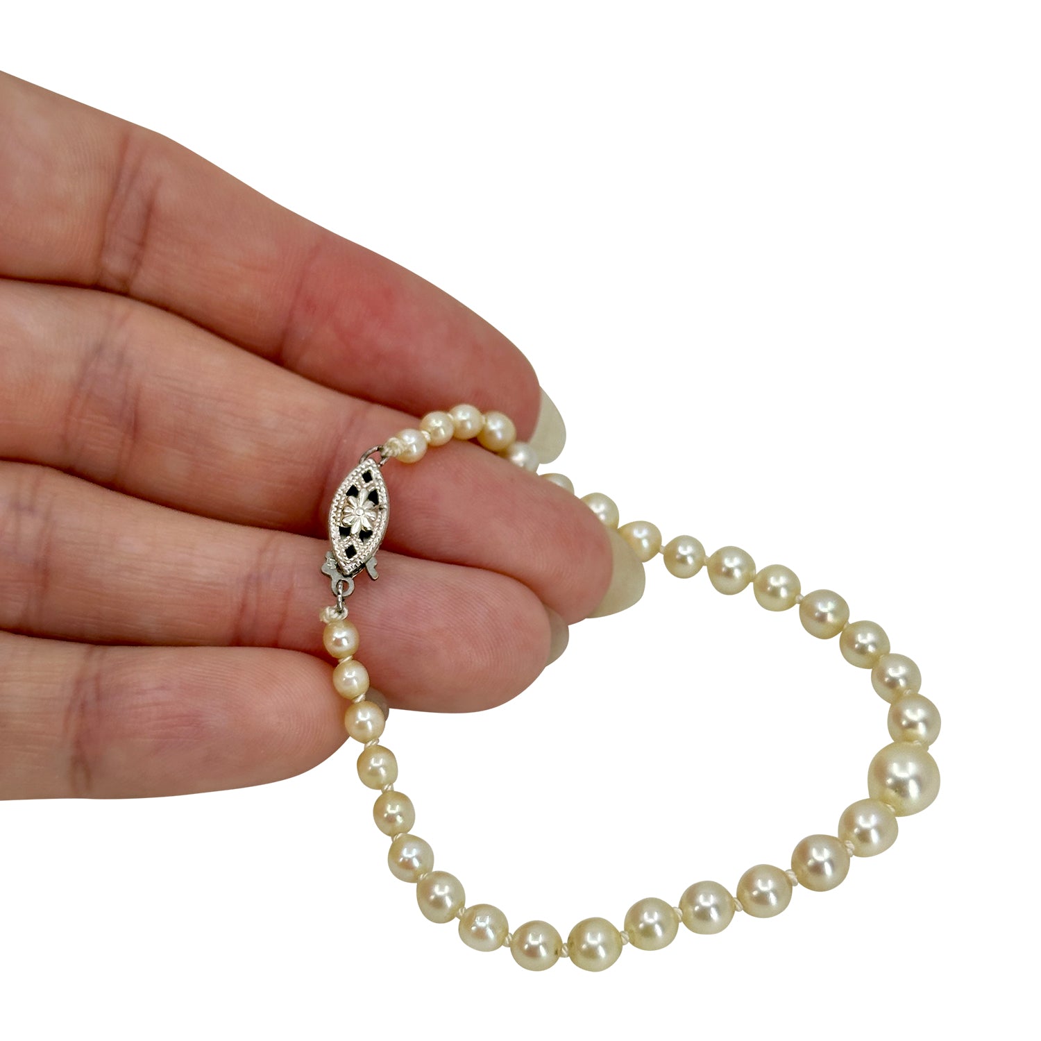 Vintage Floral Petite Graduated Japanese Saltwater Akoya Cultured Pearl Bracelet- Sterling Silver