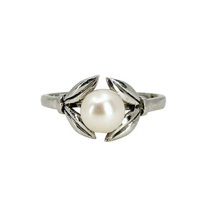 Vintage Mikimoto Leaf Solitaire Japanese Saltwater Akoya Cultured Pearl Ring- Sterling Silver Sz 6