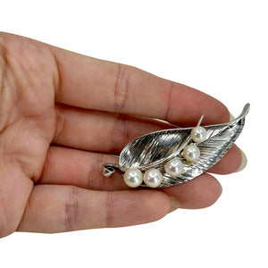 Mings Of Honolulu Textured Leaf Vintage Hawaii Akoya Saltwater Cultured Pearl Brooch - Sterling Silver