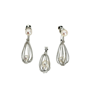 Vintage Akoya Saltwater Cultured Cadged Pearl Screwback Earrings Pendant Set- Sterling Silver