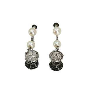 Japanese Tsuzumi Drum Akoya Saltwater Cultured Pearl Screwback Vintage Earrings- Sterling Silver