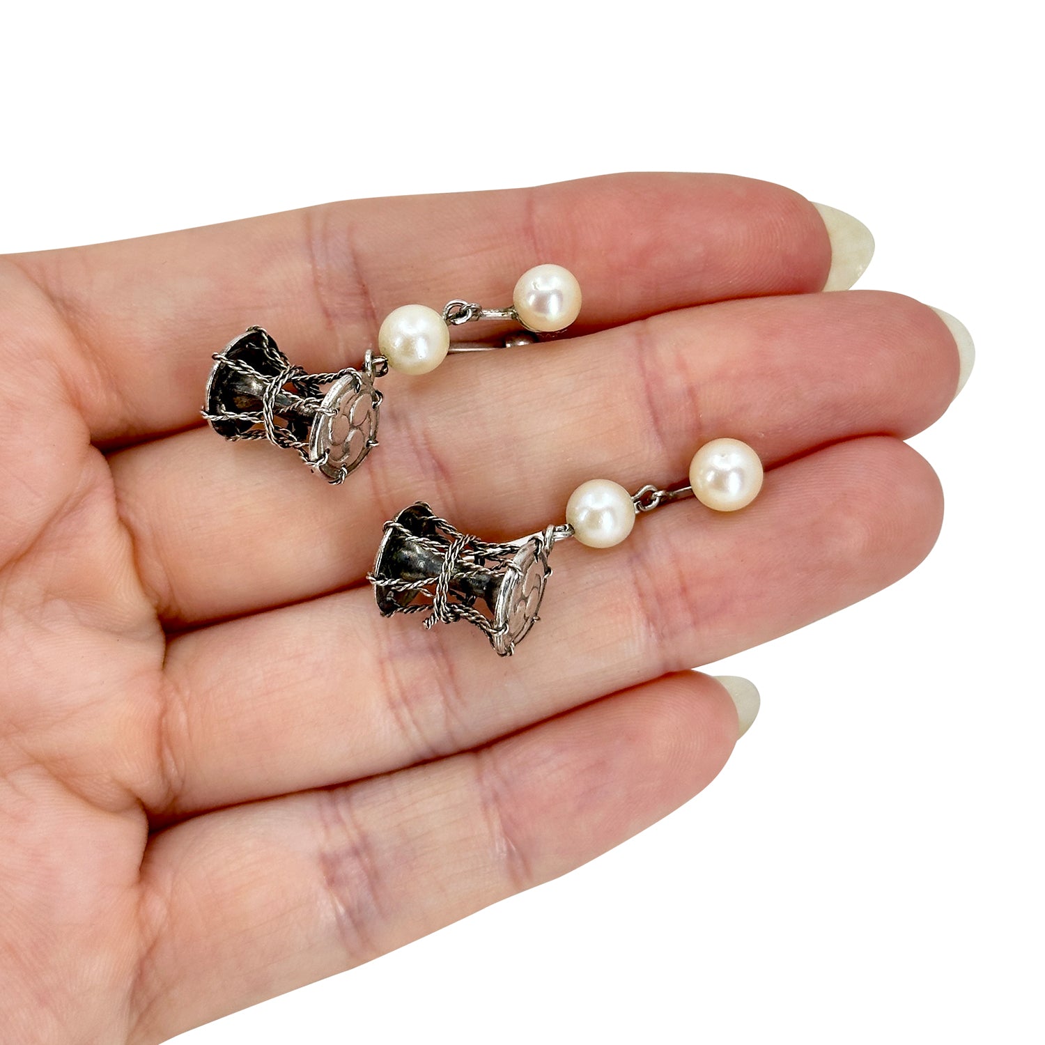 Japanese Tsuzumi Drum Akoya Saltwater Cultured Pearl Screwback Vintage Earrings- Sterling Silver