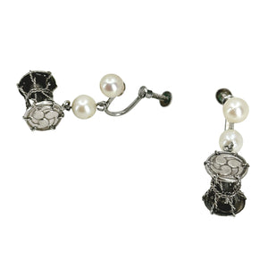 Japanese Tsuzumi Drum Akoya Saltwater Cultured Pearl Screwback Vintage Earrings- Sterling Silver