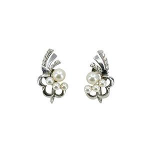 Nouveau Engraved Akoya Saltwater Cultured Pearl Vintage Screwback Earrings- Sterling Silver