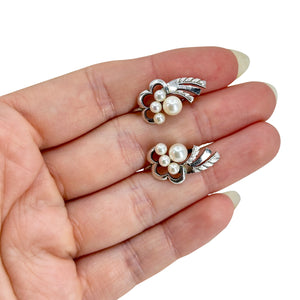 Nouveau Engraved Akoya Saltwater Cultured Pearl Vintage Screwback Earrings- Sterling Silver