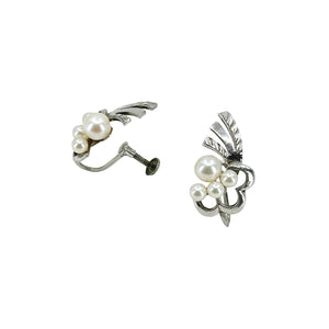 Nouveau Engraved Akoya Saltwater Cultured Pearl Vintage Screwback Earrings- Sterling Silver