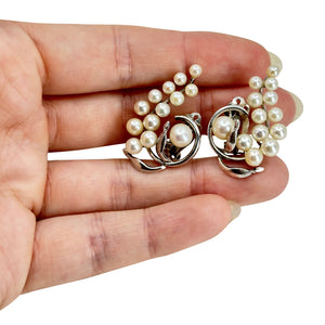 Climber Large Clip Japanese Saltwater Akoya Cultured Pearl Vintage Earrings- Sterling Silver