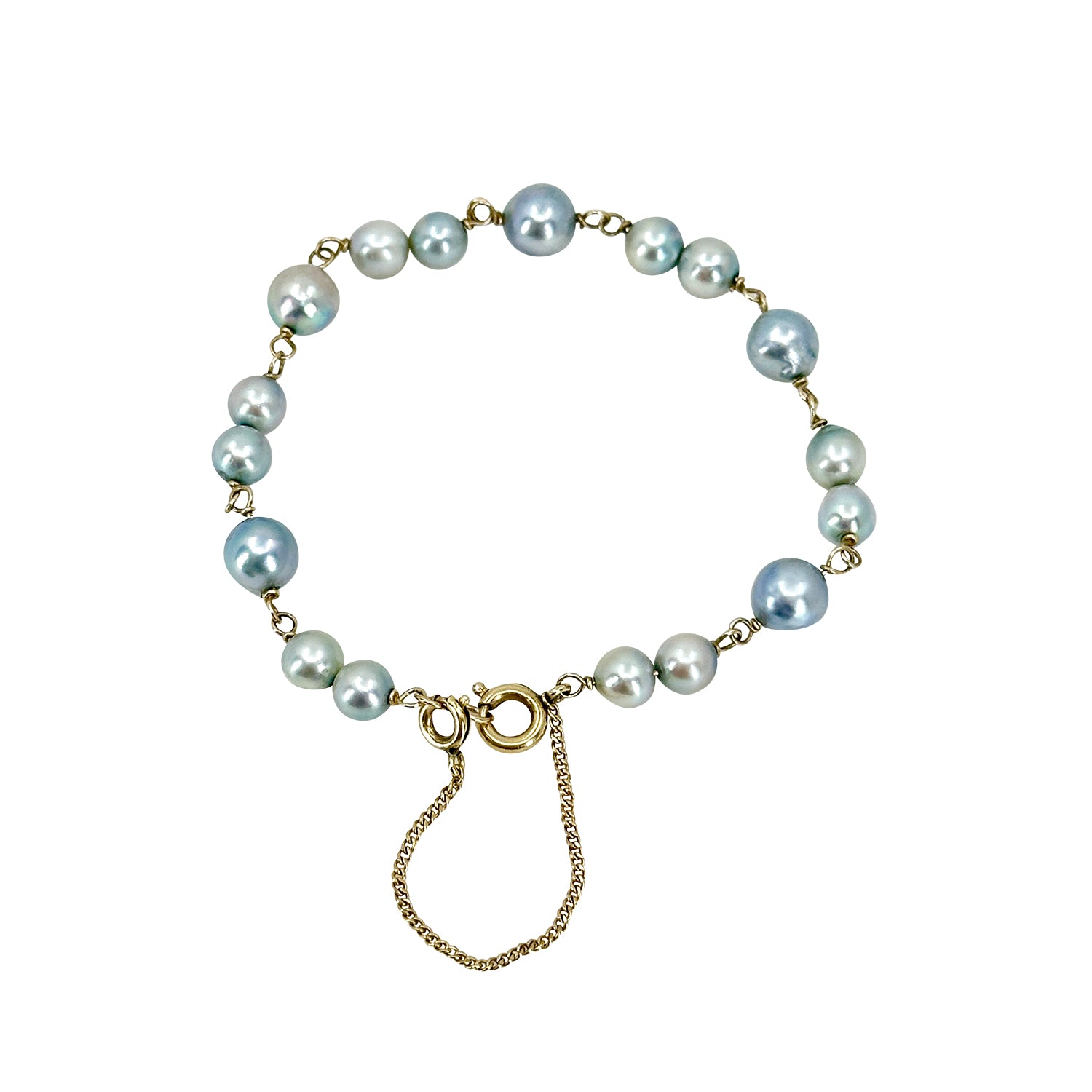 Baroque Blue Japanese Saltwater Akoya Cultured Pearl Link Station Bracelet- Yellow Gold Filled