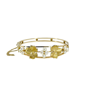 Vintage Grape Japanese Saltwater Akoya Cultured Pearl Vintage Hinged Bangle Bracelet- Yellow Gold Filled