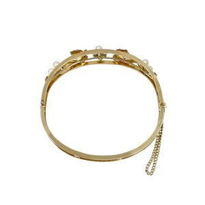 Vintage Grape Japanese Saltwater Akoya Cultured Pearl Vintage Hinged Bangle Bracelet- Yellow Gold Filled