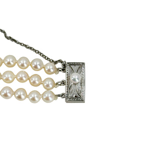 Vintage Mikimoto Three Strand Mid-Century Cultured Japanese Akoya Pearl Bracelet- Sterling Silver