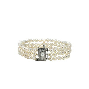 Vintage Mikimoto Three Strand Mid-Century Cultured Japanese Akoya Pearl Bracelet- Sterling Silver