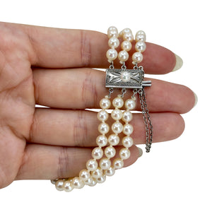 Vintage Mikimoto Three Strand Mid-Century Cultured Japanese Akoya Pearl Bracelet- Sterling Silver