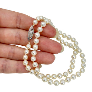 Mid-Century Filigree Japanese Saltwater Cultured Akoya Pearl Vintage Necklace Strand - 14K White Gold 16.75 Inch