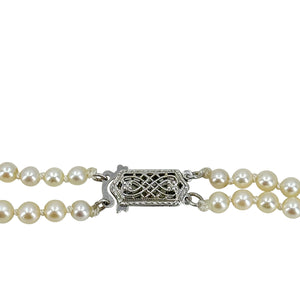 Akoya Double Strand Graduated Filigree Japanese Saltwater Cultured Akoya Pearl Vintage Necklace - 14K White Gold 20 & 21 Inc