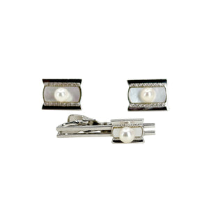 Designer Fuji Pearl Japanese Saltwater Cultured Akoya Pearl Mid Century Cufflinks Tie Bar Set- Sterling Silver