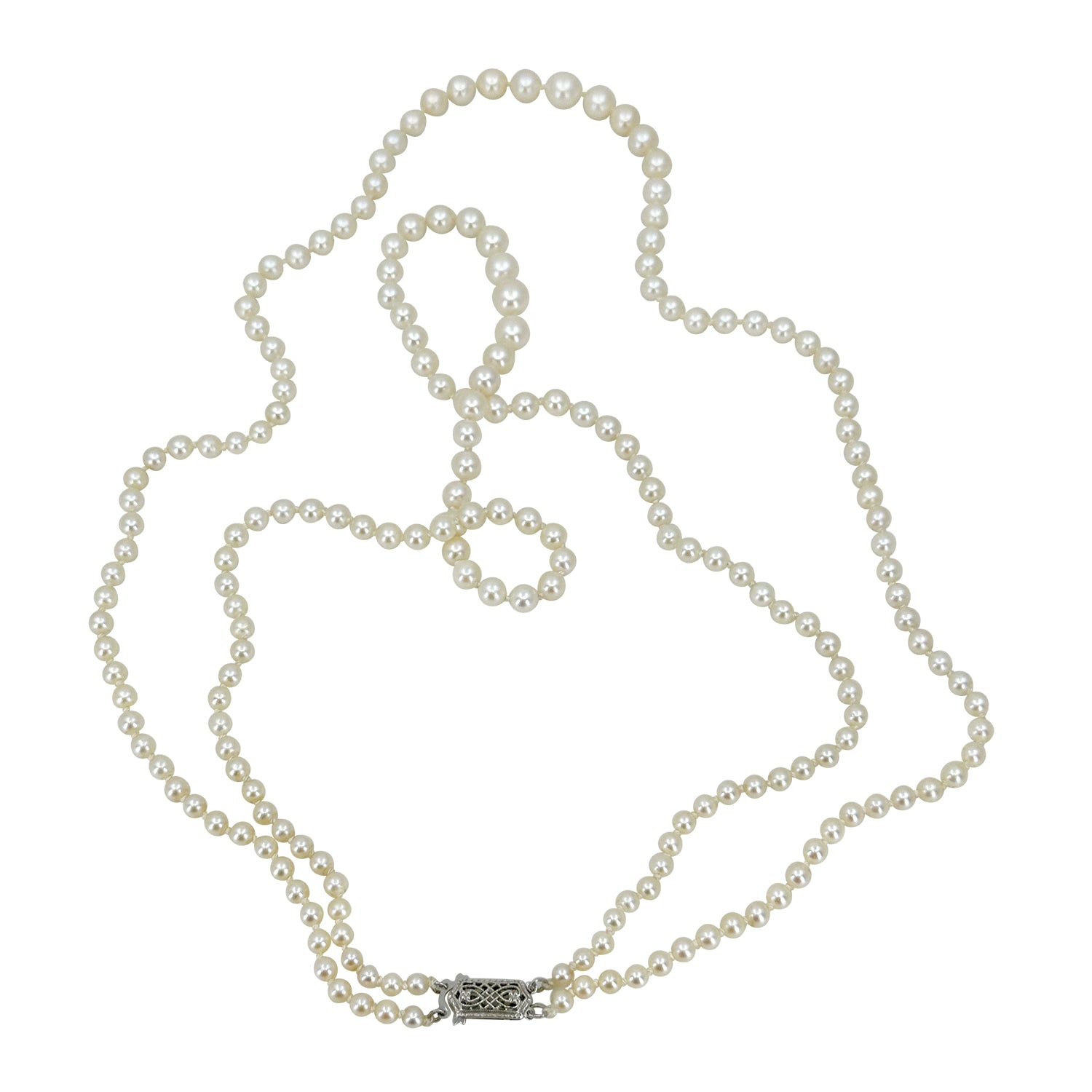 Akoya Double Strand Graduated Filigree Japanese Saltwater Cultured Akoya Pearl Vintage Necklace - 14K White Gold 20 & 21 Inc