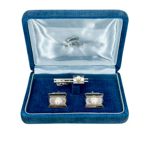 Designer Fuji Pearl Japanese Saltwater Cultured Akoya Pearl Mid Century Cufflinks Tie Bar Set- Sterling Silver