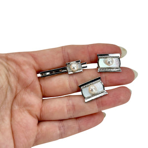 Designer Fuji Pearl Japanese Saltwater Cultured Akoya Pearl Mid Century Cufflinks Tie Bar Set- Sterling Silver