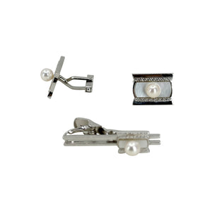 Designer Fuji Pearl Japanese Saltwater Cultured Akoya Pearl Mid Century Cufflinks Tie Bar Set- Sterling Silver