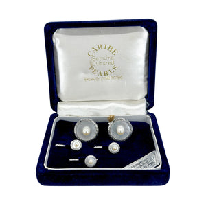 Designer Caribe Japanese Saltwater Cultured Akoya Pearl Mid Century Cufflinks Shirt Studs Set- Sterling Silver